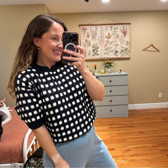 Ann Taylor Navy Blue White Checker Short Sleeve Knit Sweater Top Large - Picture 2 of 7